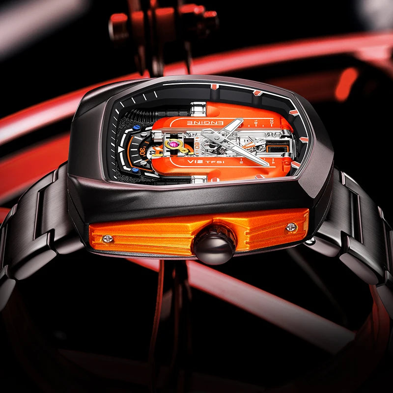 V12 Engine Quartz Watch Luminous Waterproof Sport Silicone Pointer Dial Fashion Square Unisex