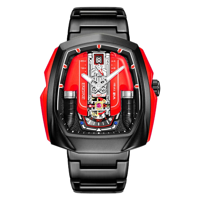 V12 Engine Quartz Watch Luminous Waterproof Sport Silicone Pointer Dial Fashion Square Unisex