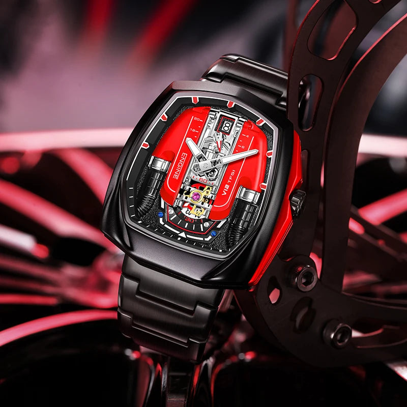 V12 Engine Quartz Watch Luminous Waterproof Sport Silicone Pointer Dial Fashion Square Unisex