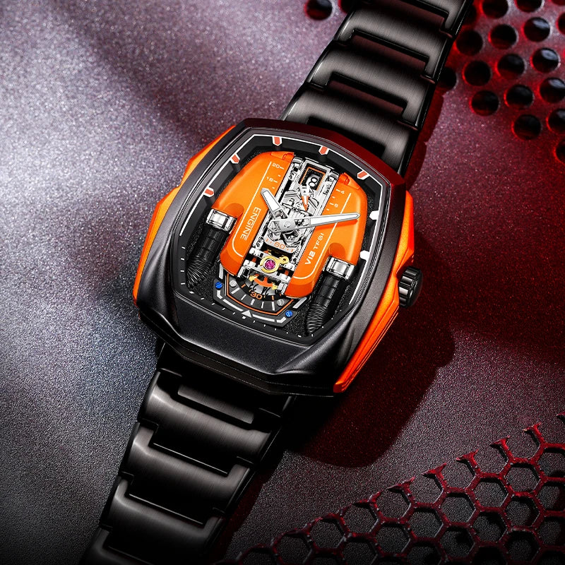 V12 Engine Quartz Watch Luminous Waterproof Sport Silicone Pointer Dial Fashion Square Unisex