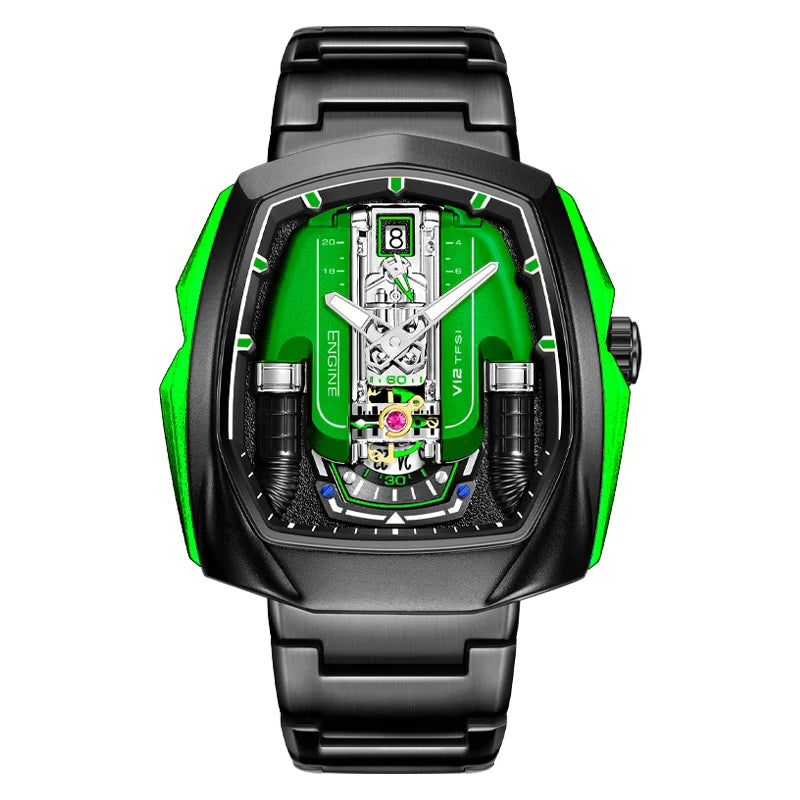 V12 Engine Quartz Watch Luminous Waterproof Sport Silicone Pointer Dial Fashion Square Unisex