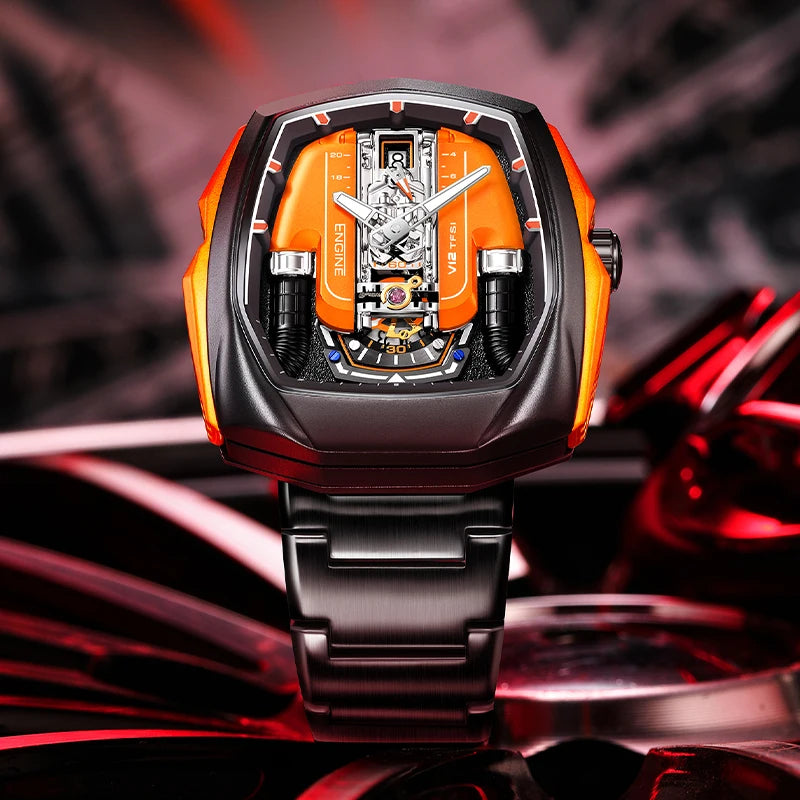 V12 Engine Quartz Watch Luminous Waterproof Sport Silicone Pointer Dial Fashion Square Unisex