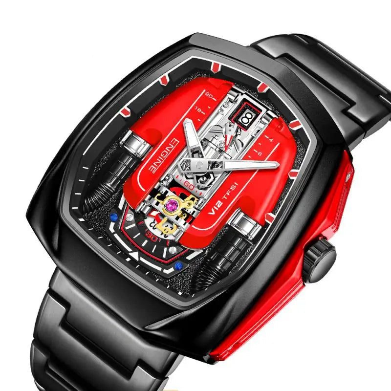 V12 Engine Quartz Watch Luminous Waterproof Sport Silicone Pointer Dial Fashion Square Unisex